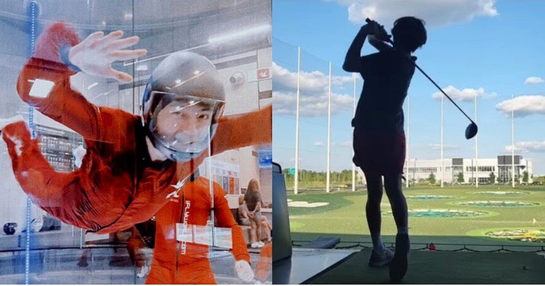 BTS's V is having a blast doing indoor skydiving and playing golf in the US (Allkpop)